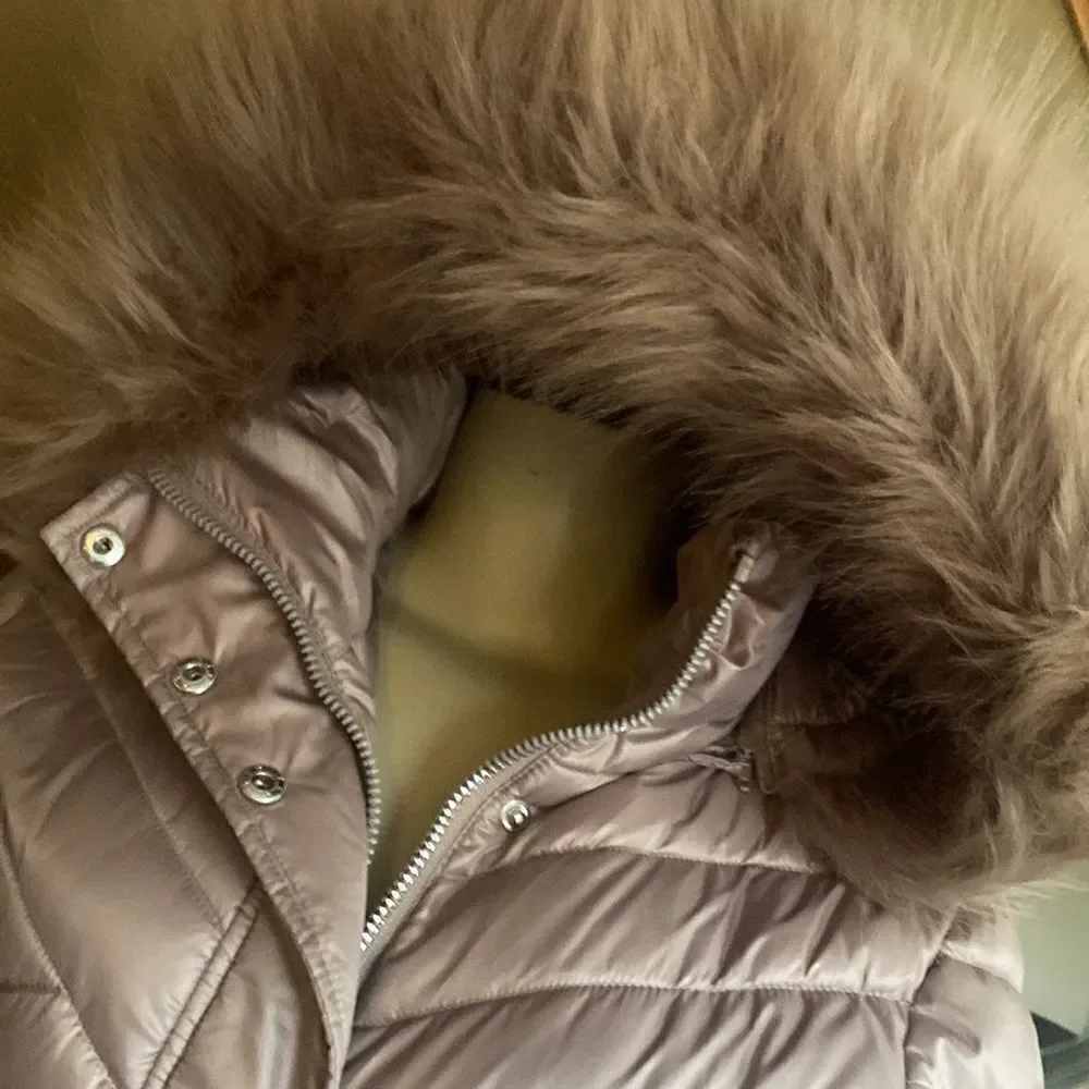 $295 Kenneth Cole Long Puffer Coat hooded fur trim XS